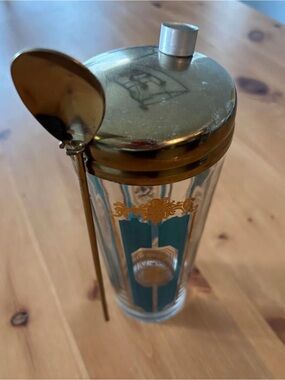Vintage Mid-Century Teal & Gold Glass Cocktail Shaker with Spoon